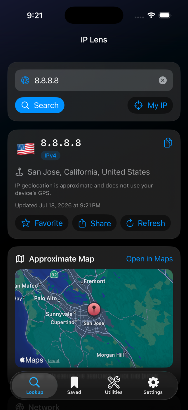 IP Lens interface showing an IP address lookup, approximate location, and map
